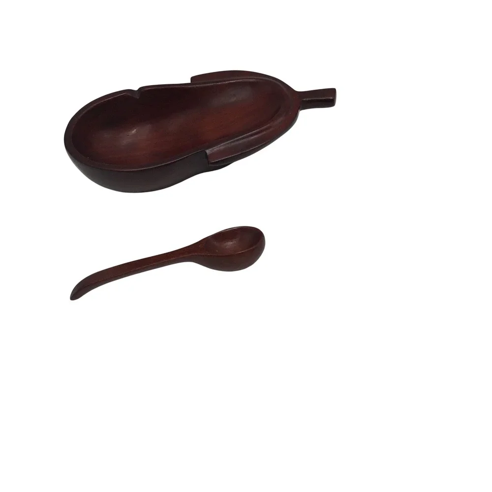 Vintage Hand Carved Wood Leaf Snack Bowl with Spoon Haiti Mahogany Tone 8.5 Inch